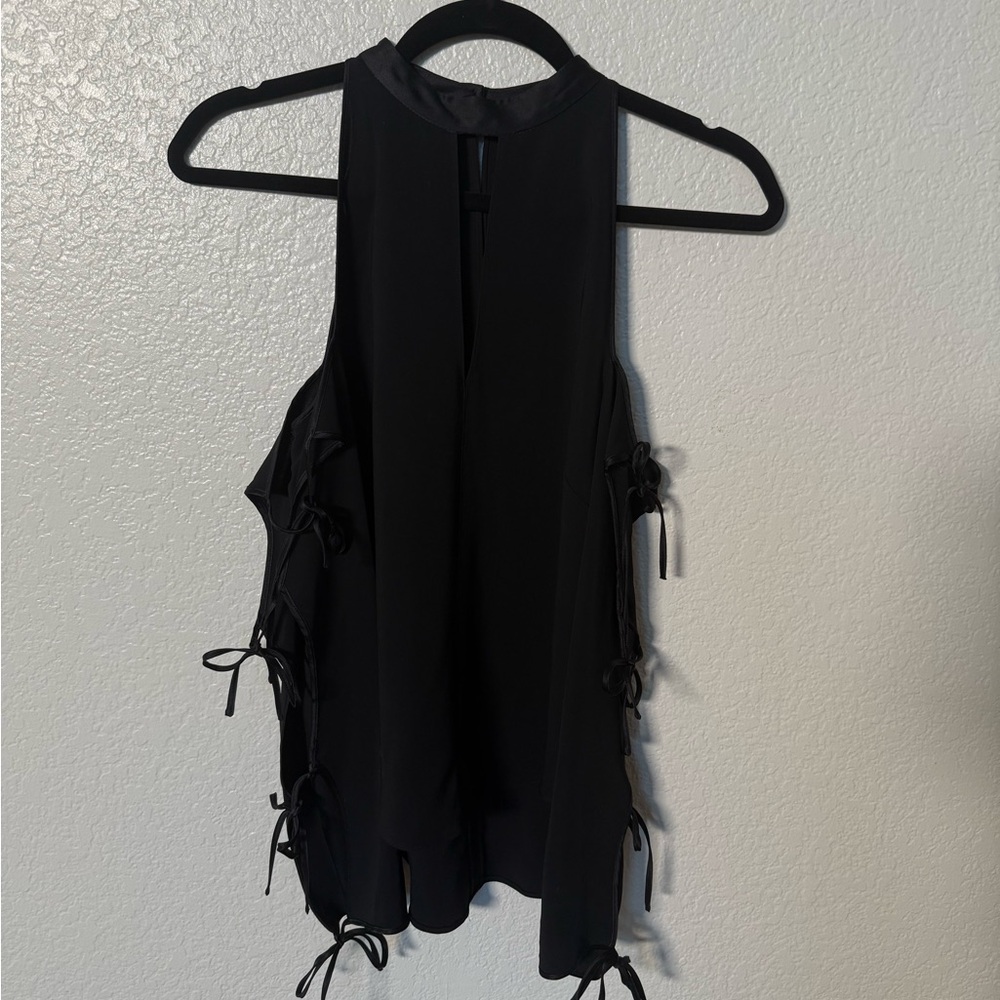 Veronica Beard Cold Shoulder Black Blouse with Side Ties